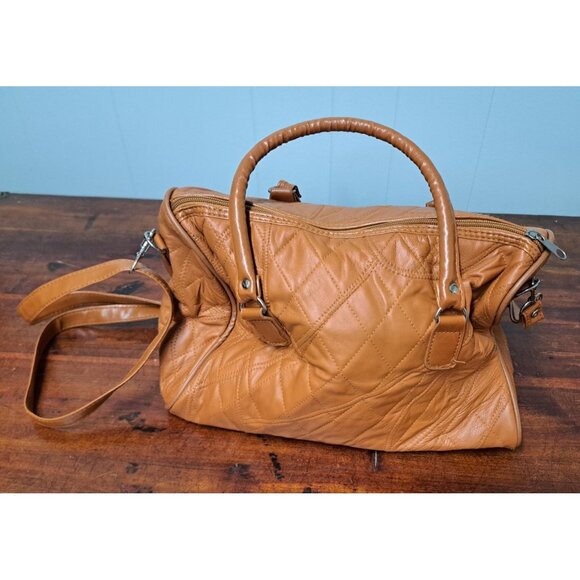 Women's Quilt Pattern Soft Faux Leather Tan Tote Shoulder Bag Handbag Purse - Picture 2 of 8